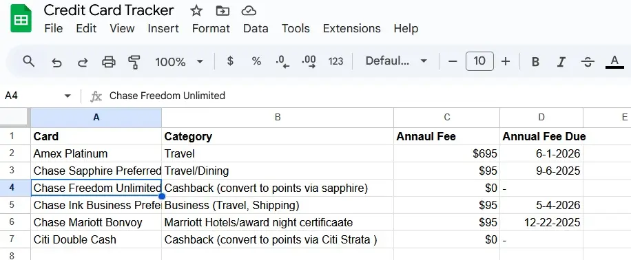 Example of a credit card tracker spreadsheet