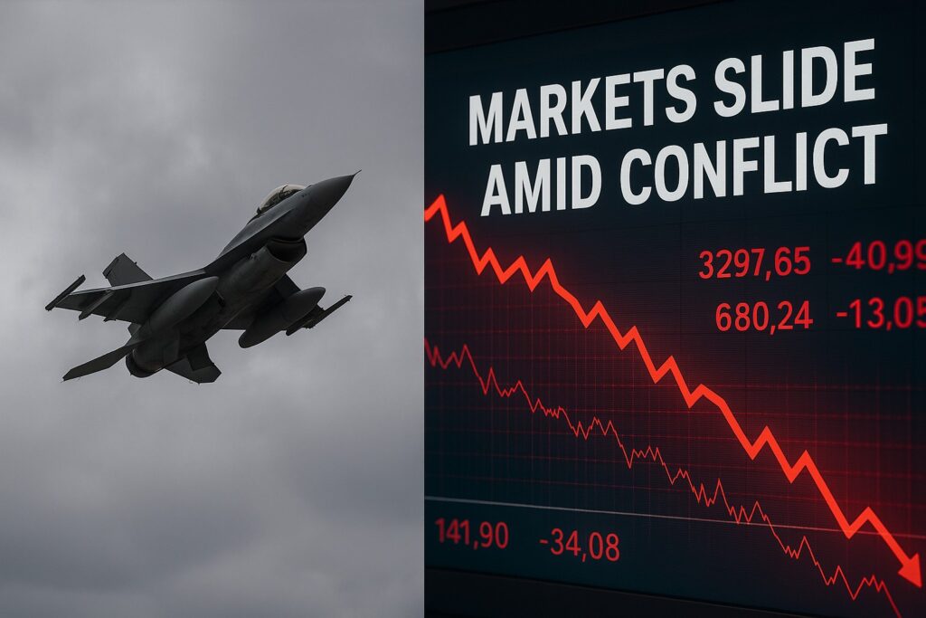 Split-screen image of a fighter jet flying under a gray sky on the left, and a digital stock ticker with a red downward graph and 'Markets Slide Amid Conflict' headline on the right."