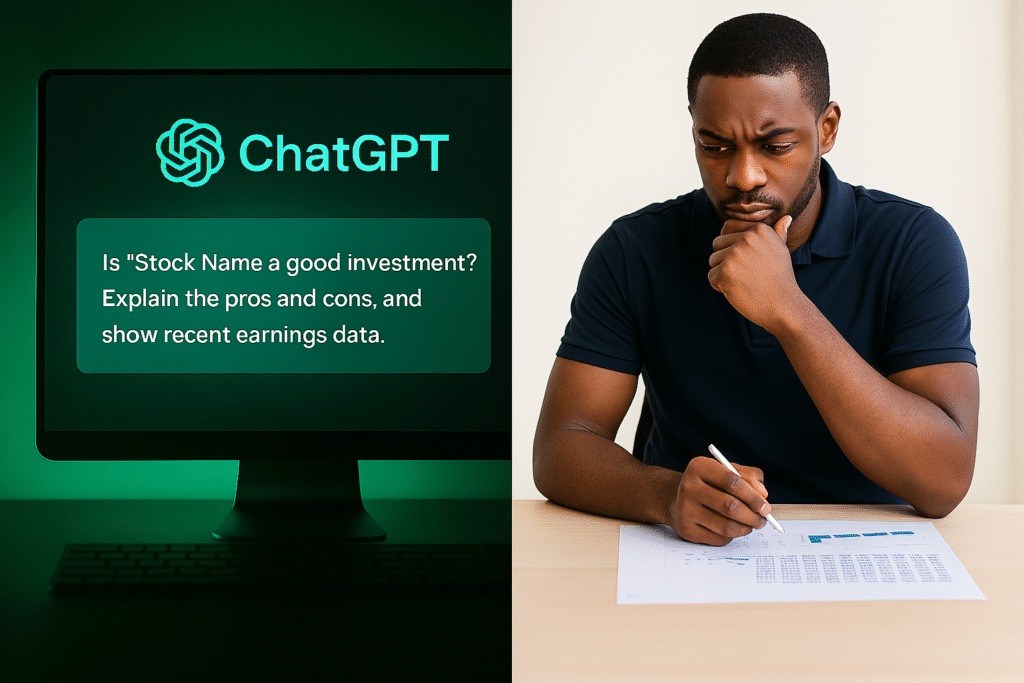 Split-screen image showing the contrast between AI and human judgment in investing. On the left, a glowing ChatGPT prompt asks about a stock’s potential. On the right, a man studies a financial document at a desk, deep in thought and holding a pen.