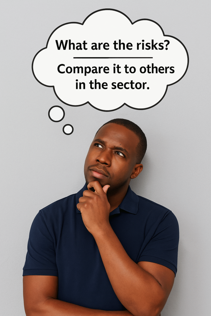 A thoughtful Black man in a navy polo shirt looks upward with a hand on his chin. A thought bubble above his head shows follow-up questions for ChatGPT: “What are the risks?” and “Compare it to others in the sector.”