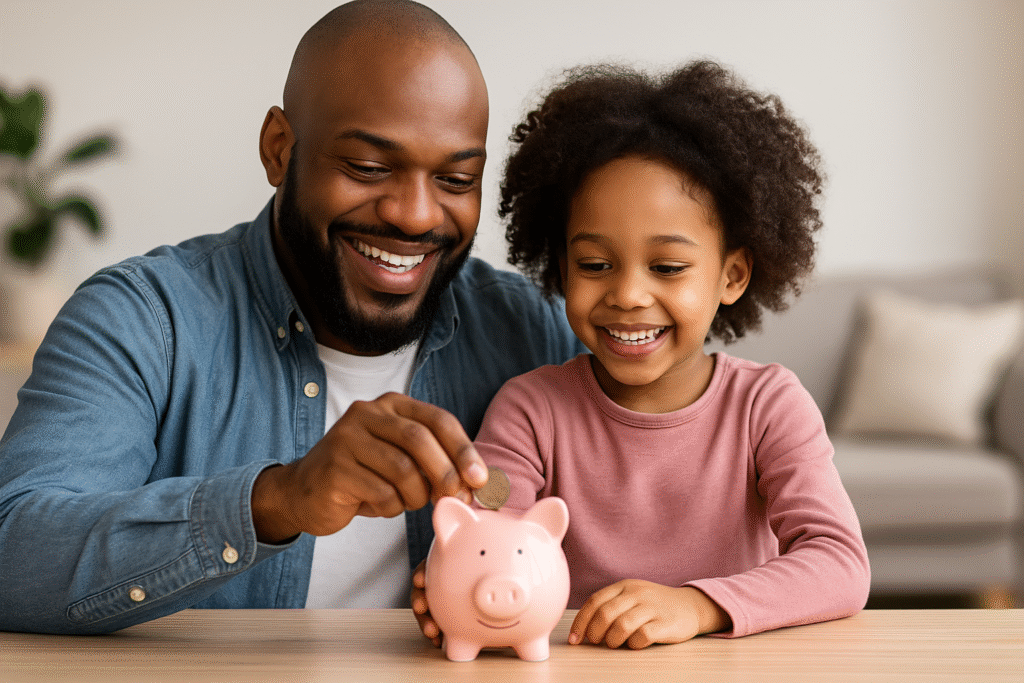 A father teaching his daughter the importance of saving her money.  As they put coins into a piggybank