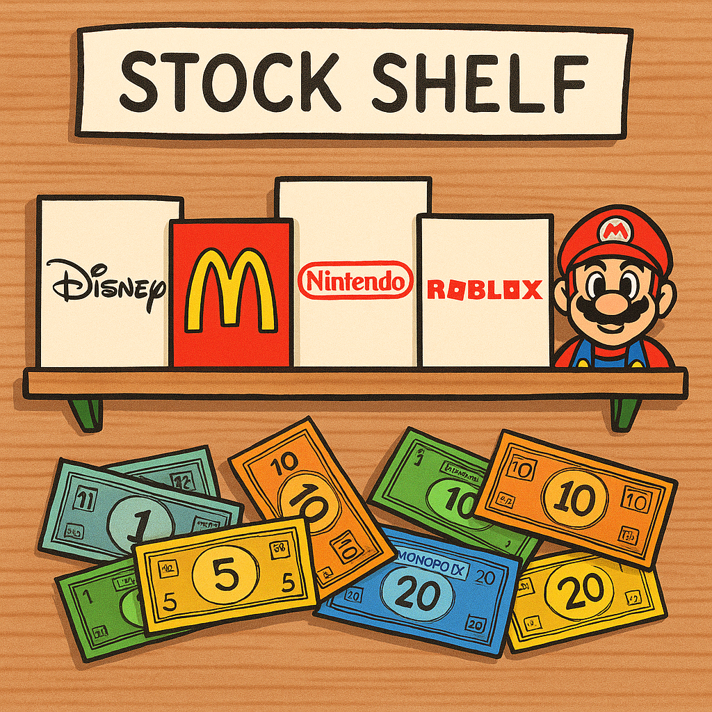 A stock shelf full of brands kids know and like to help create interest in investing 