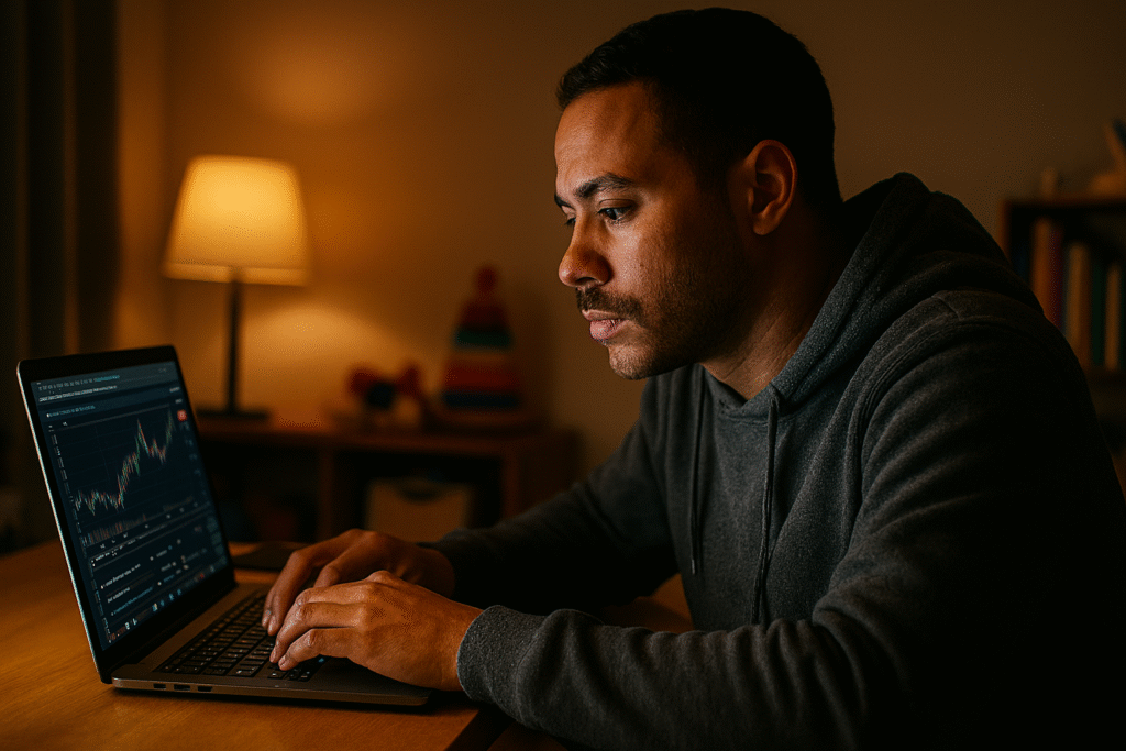 Man with light brown skinfocused on laptop at night, warm lighting with toys and books in the background."