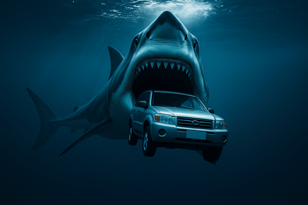 SUV sinking underwater with shark attack, symbolizing bad car loans.