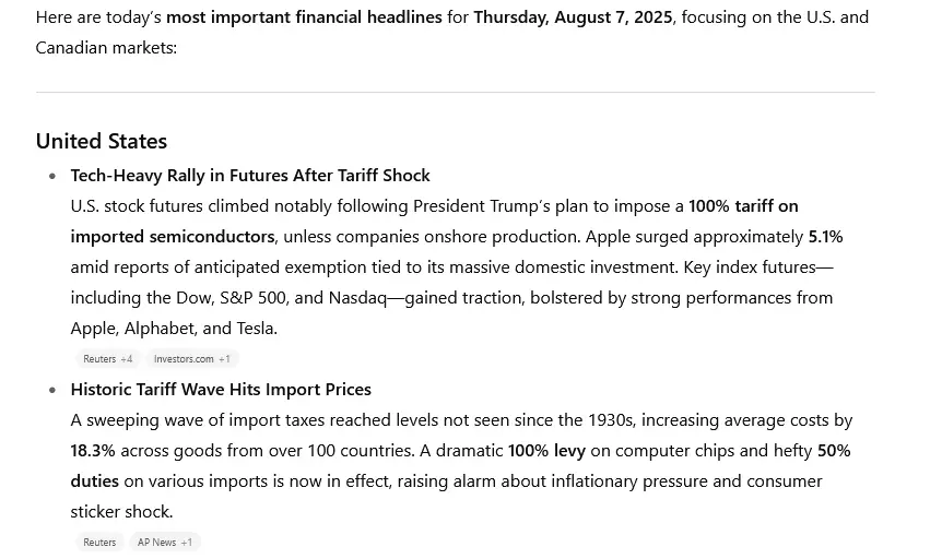 Screenshot of automated ChatGPT tasks providing today's financial headlines