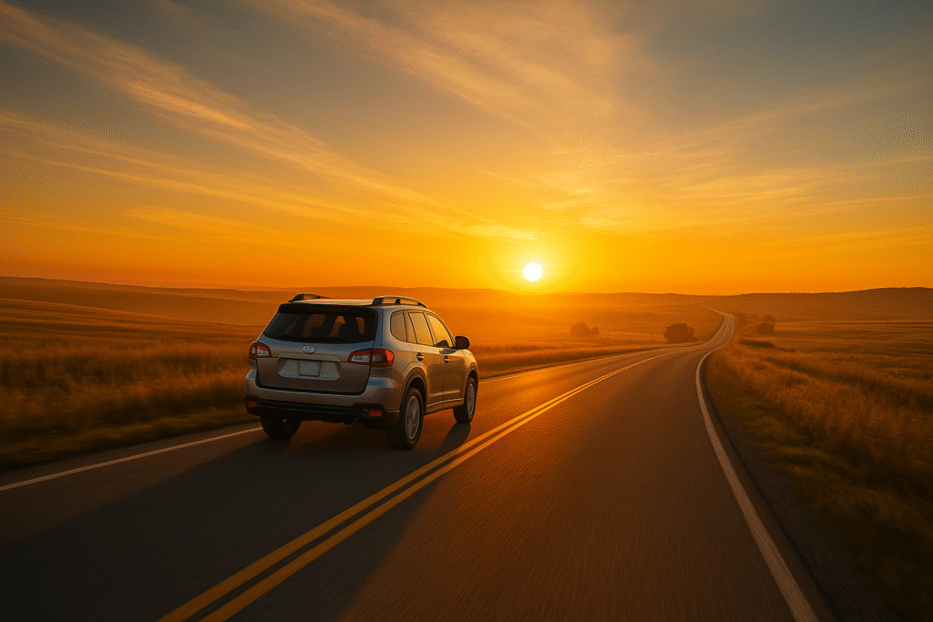 SUV driving down an open road at sunrise, symbolizing financial recovery, new beginnings, and freedom from car loan debt.