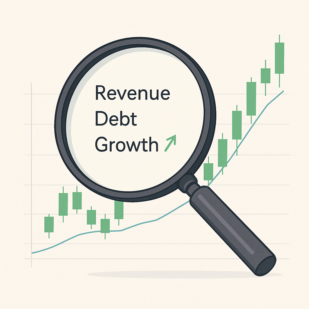 Digital illustration of a magnifying glass focusing on a simple stock chart with the words revenue, debt, and growth, symbolizing clear and simplified stock research.