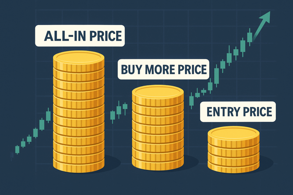 Infographic showing three stacks of dollar bills as steps labeled Entry Price, Buy More Price, and All-In Price, with a rising green candlestick stock chart in the background.