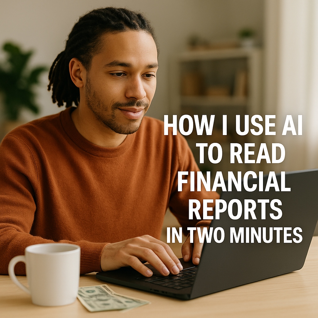 A young, light-skinned Black man with locs pulled back sits at a desk using a laptop, reviewing financial information with AI. A notebook and coffee mug sit beside him in a bright home workspace.”