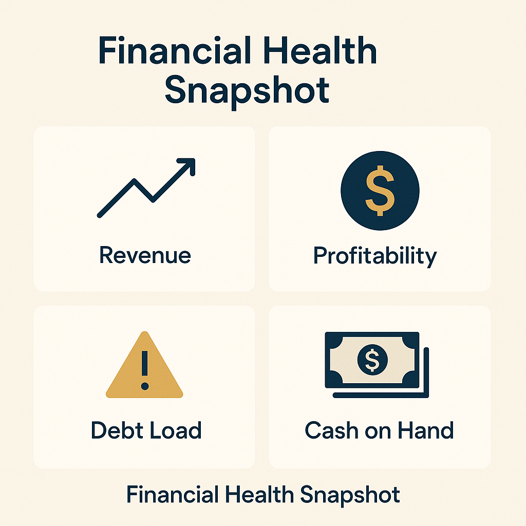 A minimalist infographic titled “Financial Health Snapshot,” showing four boxes with simple icons and labels: an upward line chart for Revenue, a dollar symbol for Profitability, a yellow warning triangle for Debt Load, and a cash stack icon for Cash on Hand. Designed in navy and gold on a light background.