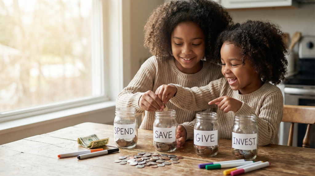 Two African American girls sitting at a table placing coins into a jar. Doing a money learning activity.
