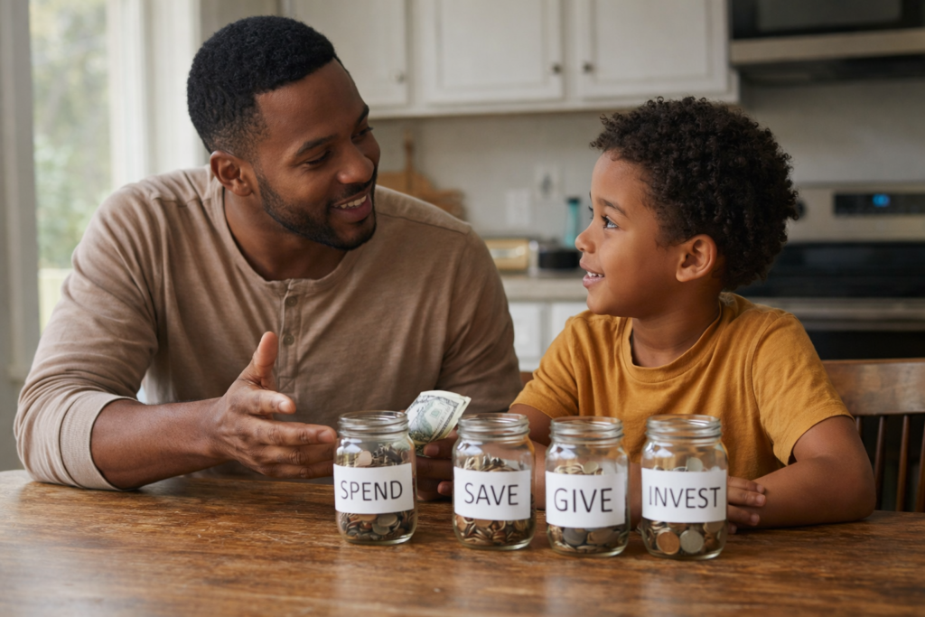 An African-American Father and son at a table with four jars in front of them with the labels Save, Spend, Invest , Give an activity that teaches money lessons to kids.