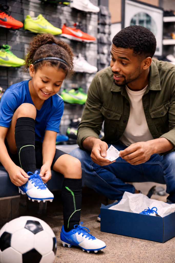 A father sits beside his young daughter in a sporting goods store as she tries on a new pair of soccer cleats. She smiles while adjusting the shoe, and he looks on attentively, holding a price tag. A soccer ball and shoebox sit nearby, with a wall of cleats in the background, capturing a practical moment of choosing the right gear for playing.