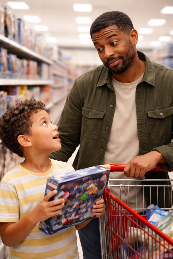 A father stands in a toy store aisle holding a shopping cart while his young son looks up at him, holding a boxed toy and asking for it. The father gives a knowing, slightly exasperated look as if he’s heard this request before. Shelves of toys line the softly blurred background, capturing a relatable moment of a child wanting something because others have it.