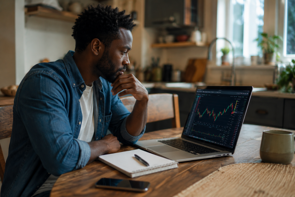 Black man sitting thoughtfully at a kitchen table looking at stock charts on a laptop, with a phone and notepad nearby in a warm, realistic home setting.