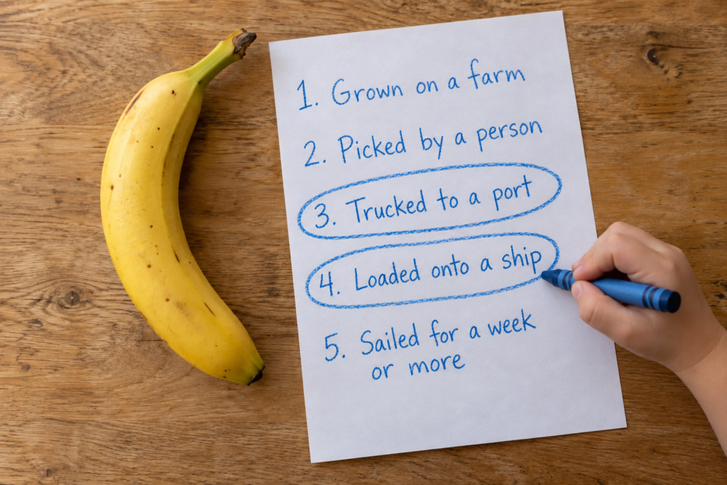 A child circles steps on a handwritten list showing how a banana travels from a farm to a grocery store.