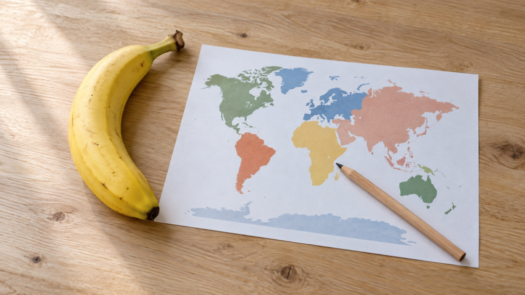 A banana beside a world map and pencil on a light wooden table.