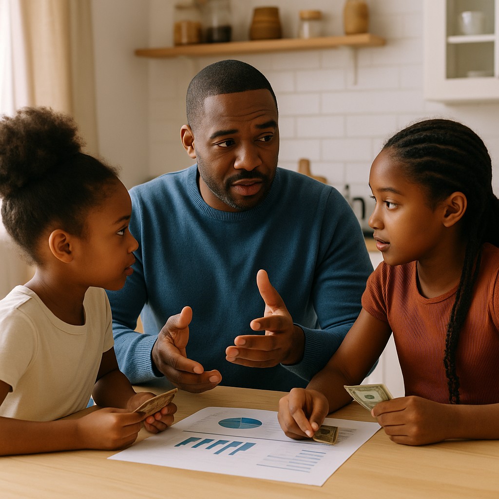 Parent teaching child at home, representing early money lessons.