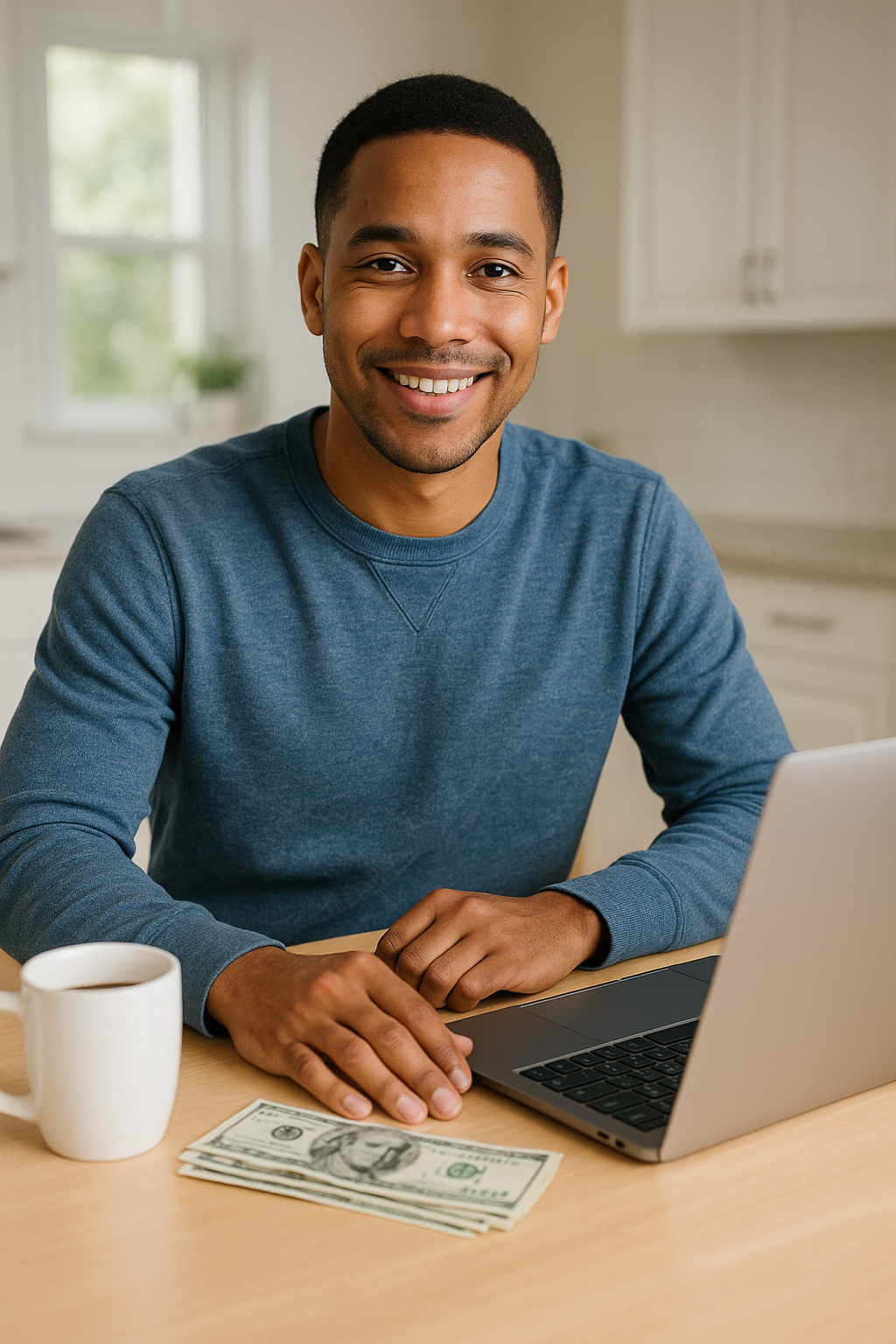 A photo-realistic image of a confident young Black man sitting at a bright kitchen table with a laptop open, several bills of cash nearby, and a coffee mug beside him — symbolizing starting small and investing wisely with $1,000.